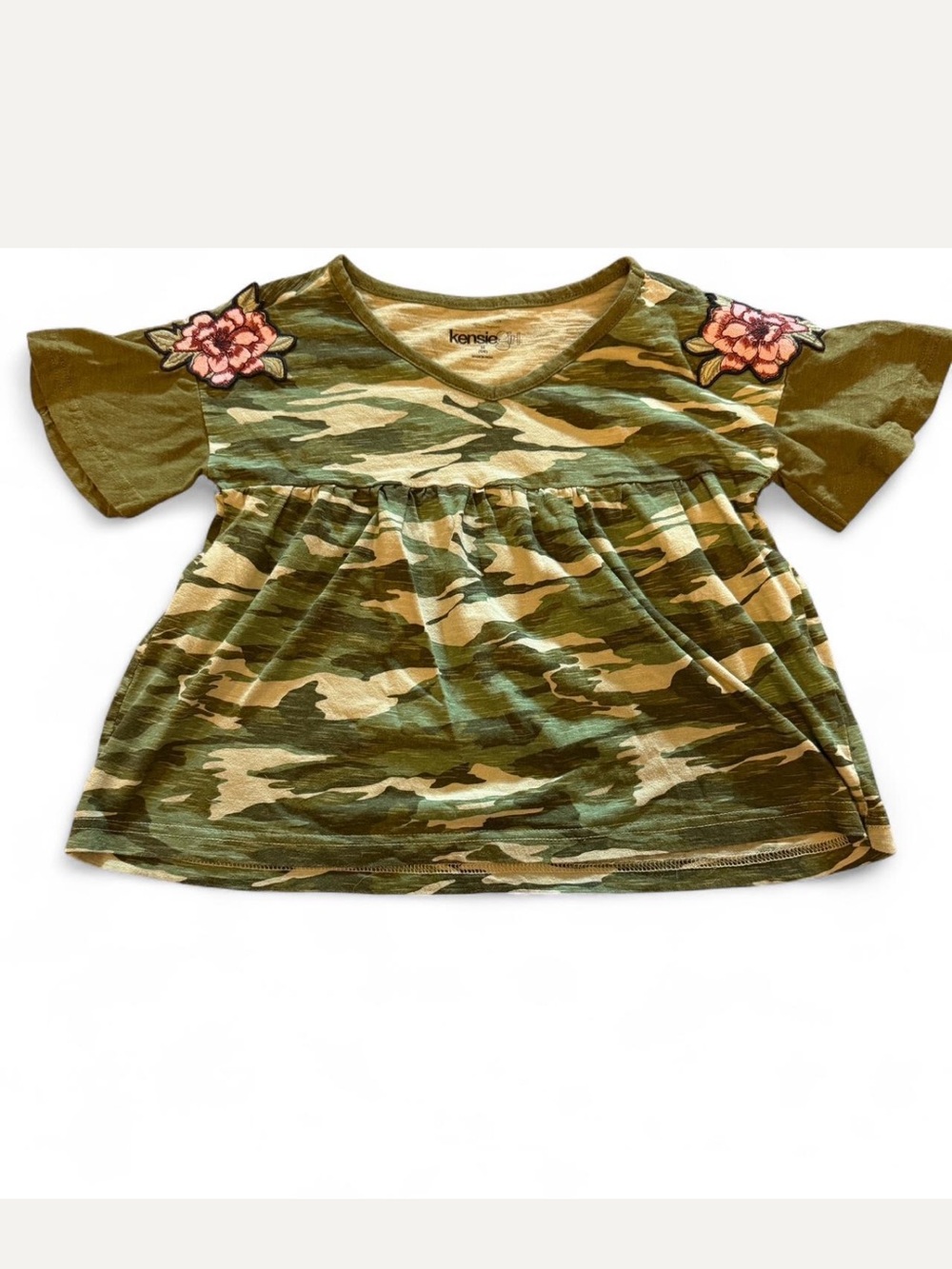 Kensie Girls' Olive Camo Top with Pink Floral Appliques
